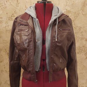 Maroon Vegan Leather Bomber Jacket with Hoodie Detail